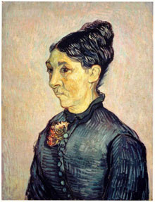 the portrait of a woman upward of forty years old, 

an insignificant woman. The withered face is tired, pockmarked 

- a sunburned, olive-coloured complexion, black hair. 

A faded black dress relieved by a geranium of a delicate pink,

and the background in a neutral tone, between pink and green.